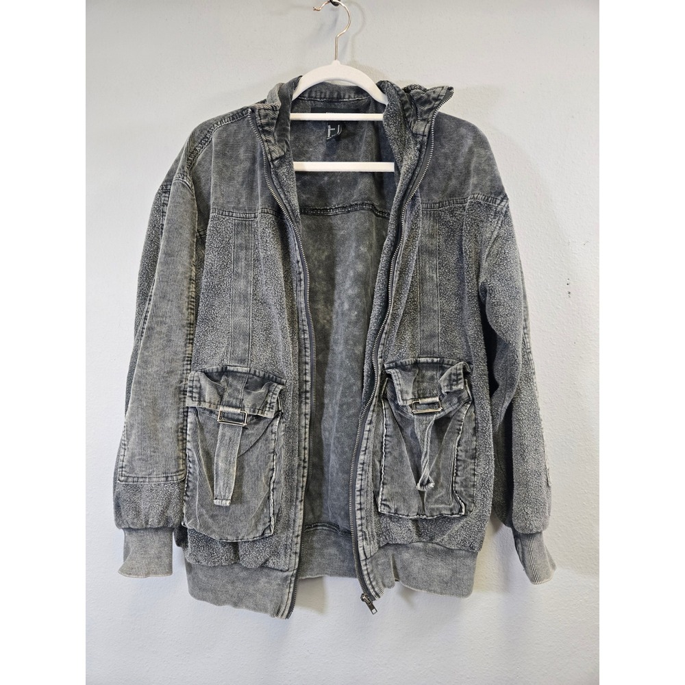 Forever 21 Acid Wash Corduroy Mixed Media Utility Cargo Zip Jacket Small